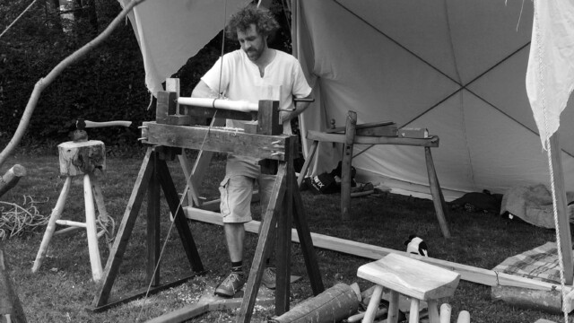 Luke turning a rounders bat on the pole lathe